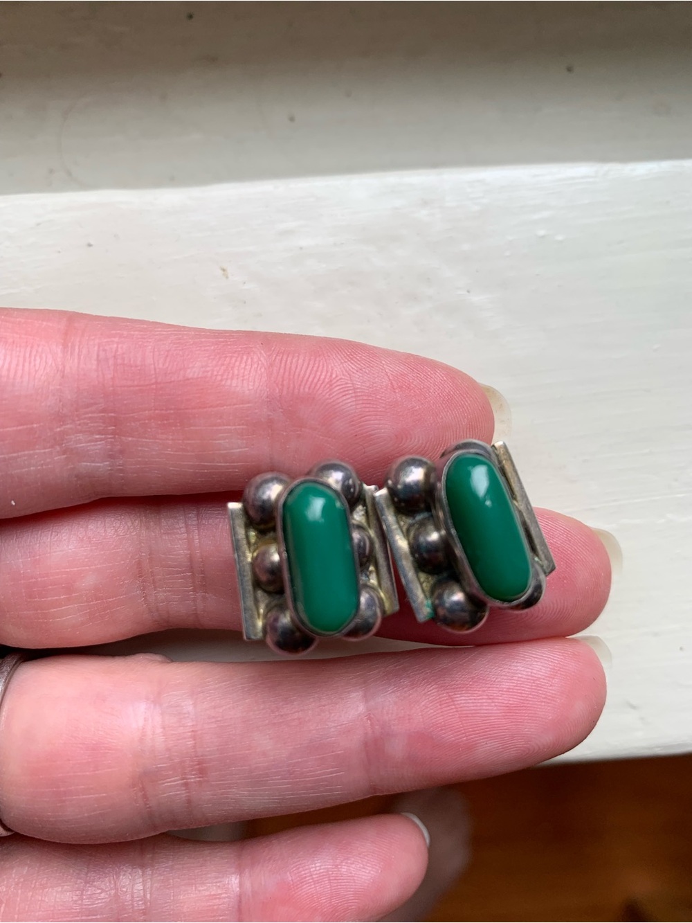 Vintage Green Stone Mexican Sterling Silver Clip-on Earrings